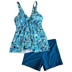 Yonique Blue Paisley Tankini Swimsuit Set with Boy Shorts Size Small New